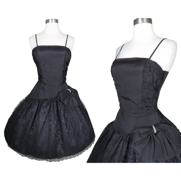 Vintage 80s Black Lace Taffeta Full Skirt Prom Dance Cocktail Party Dress XS